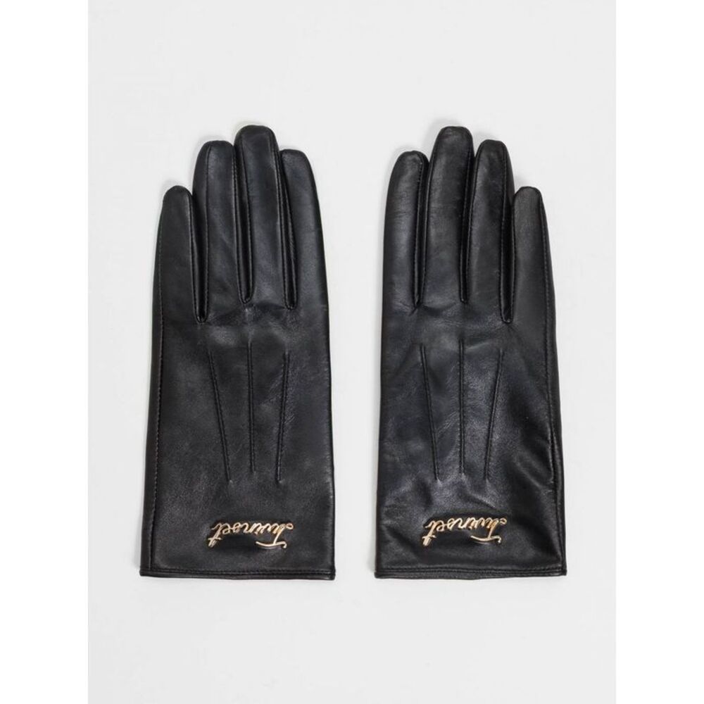 Twinset Women Twinset Black Leather Gloves With Contrasting Embroidered Logo